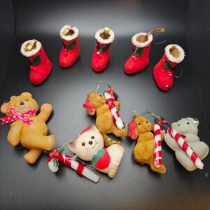 Vintage Mini Christmas Ornaments Flocked Bears Cat Dog Boots Lot of 10